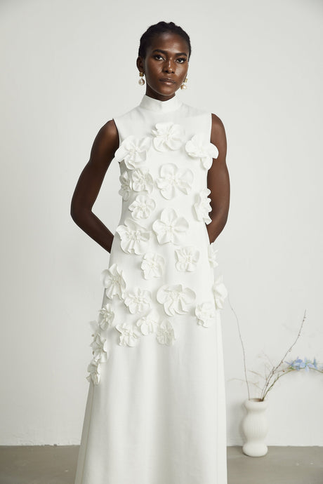 Magali bowtie fauxflower embellished sleeveless maxi dress in White