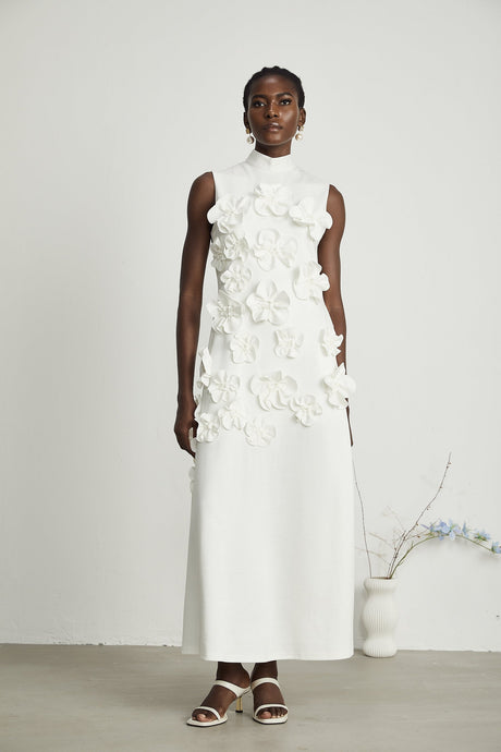 Magali bowtie fauxflower embellished sleeveless maxi dress in White