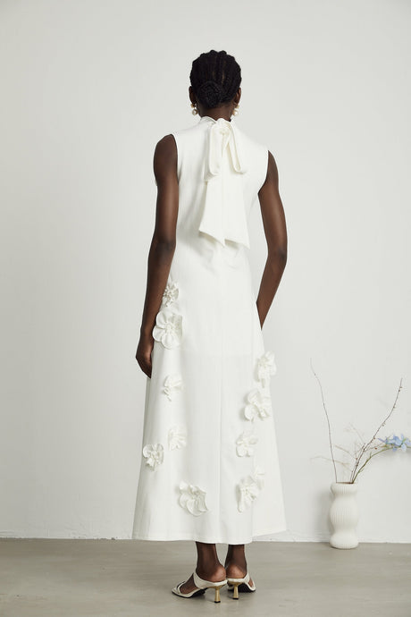 Magali bowtie fauxflower embellished sleeveless maxi dress in White