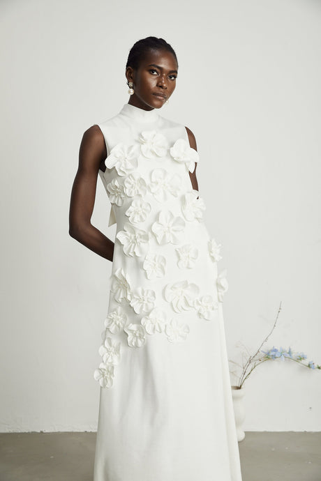 Magali bowtie fauxflower embellished sleeveless maxi dress in White