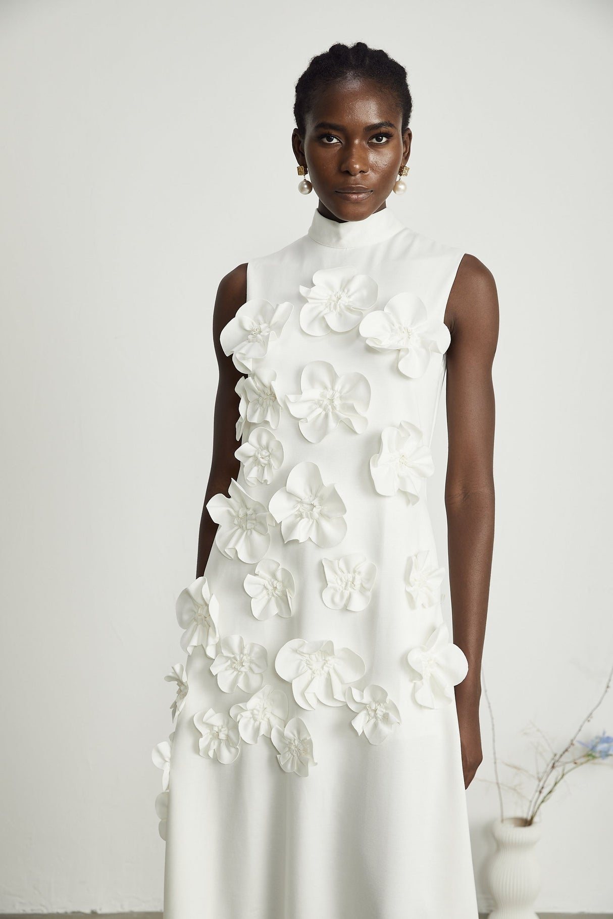 Magali bowtie fauxflower embellished sleeveless maxi dress in White