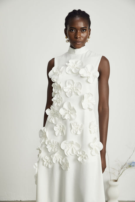 Magali bowtie fauxflower embellished sleeveless maxi dress in White