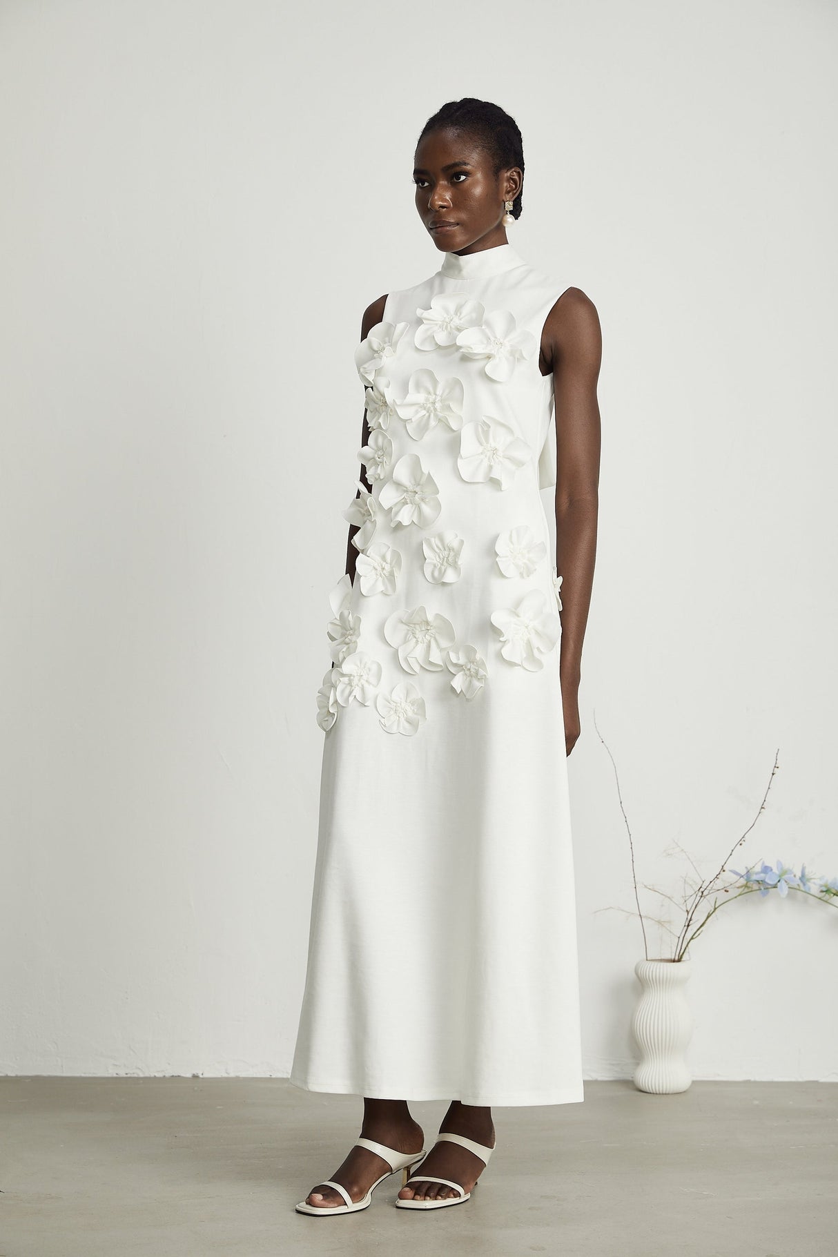 Magali bowtie fauxflower embellished sleeveless maxi dress in White
