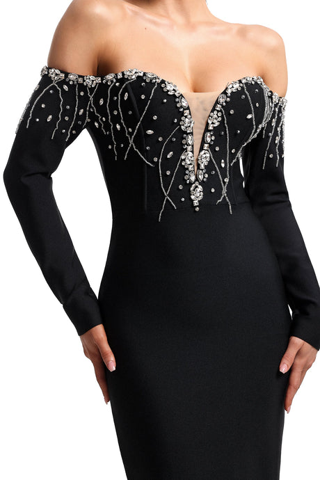 Maia Black Embellished Off-Shoulder Dress with Deep V Neckline and Fitted Silhouette