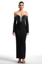 Maia Black Embellished Off-Shoulder Dress with Deep V Neckline for Evening Events