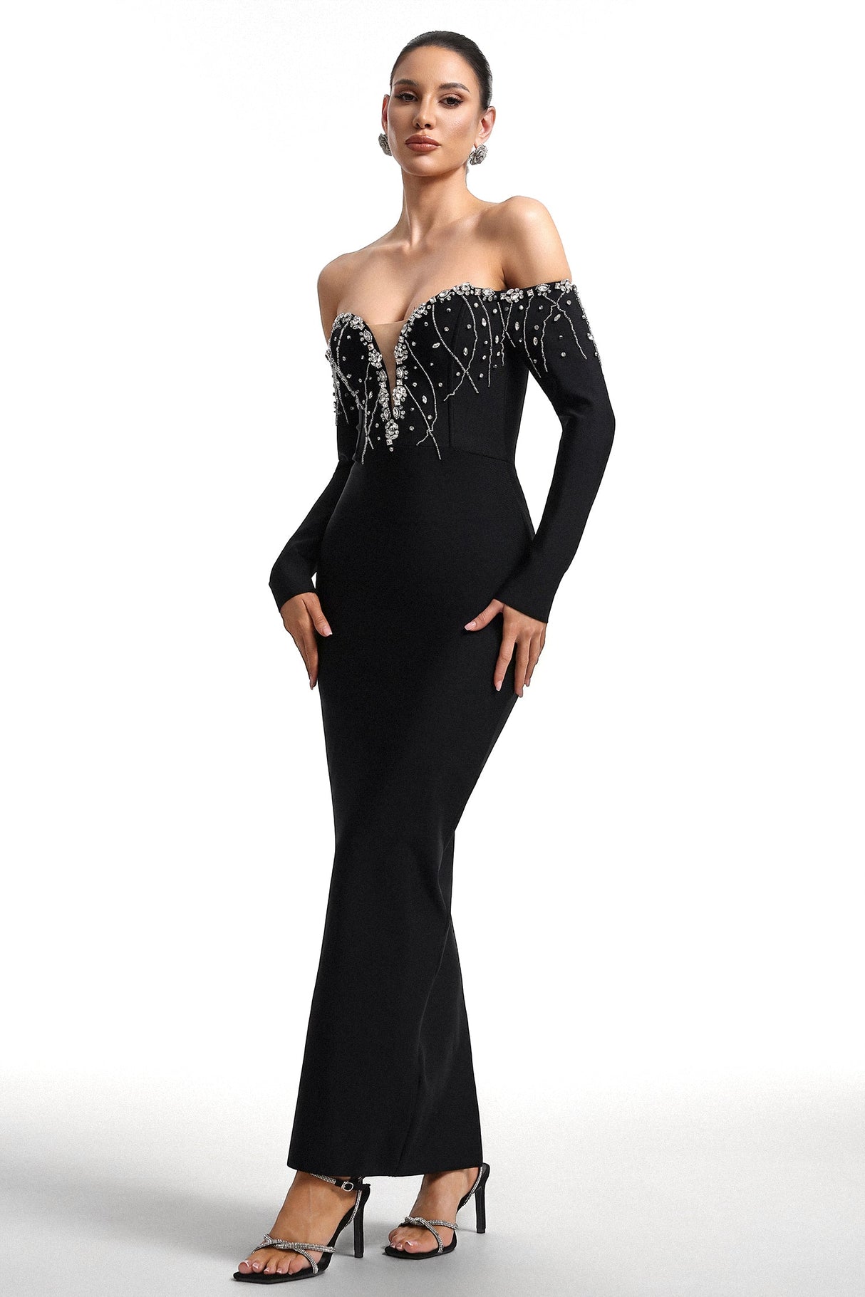 Maia Black Embellished Off-Shoulder Dress with Deep V Neckline and Fitted Silhouette