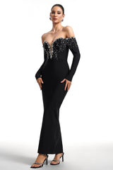 Maia Black Embellished Off-Shoulder Dress with Deep V Neckline and Fitted Silhouette