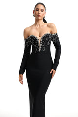 Maia Black Embellished Off-Shoulder Dress with Deep V Neckline for Evening Events