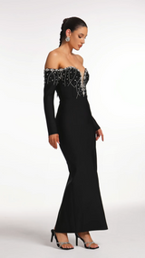 Maia Black Embellished Off-Shoulder Dress with Deep V Neckline and Fitted Silhouette