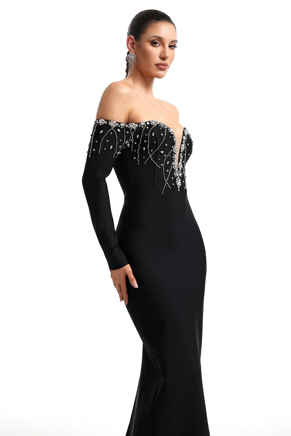 Maia Black Embellished Off-Shoulder Dress with Deep V Neckline for Special Occasions