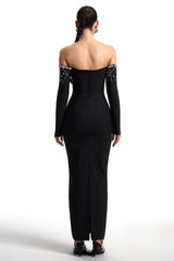Maia Black Embellished Off-Shoulder Evening Dress with Deep V Neckline and Fitted Silhouette