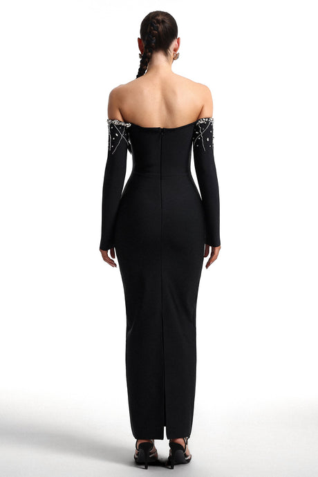 Maia Black Embellished Off-Shoulder Evening Dress with Deep V Neckline and Fitted Silhouette