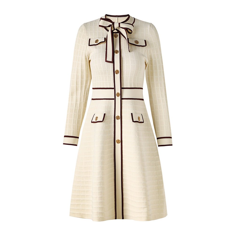 Maia Dress - Tailored Bodice - Flared a - Line Skirt - Elegant Knit Texture - Cinched Waist - Bow - Tie Detail