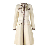 Maia Dress - Tailored Bodice - Flared a - Line Skirt - Elegant Knit Texture - Cinched Waist - Bow - Tie Detail