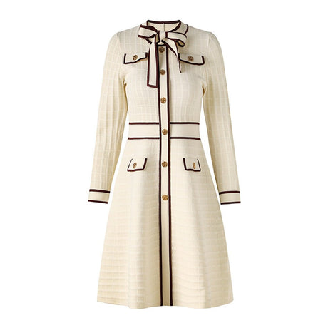 Maia Dress - Tailored Bodice - Flared a - Line Skirt - Elegant Knit Texture - Cinched Waist - Bow - Tie Detail