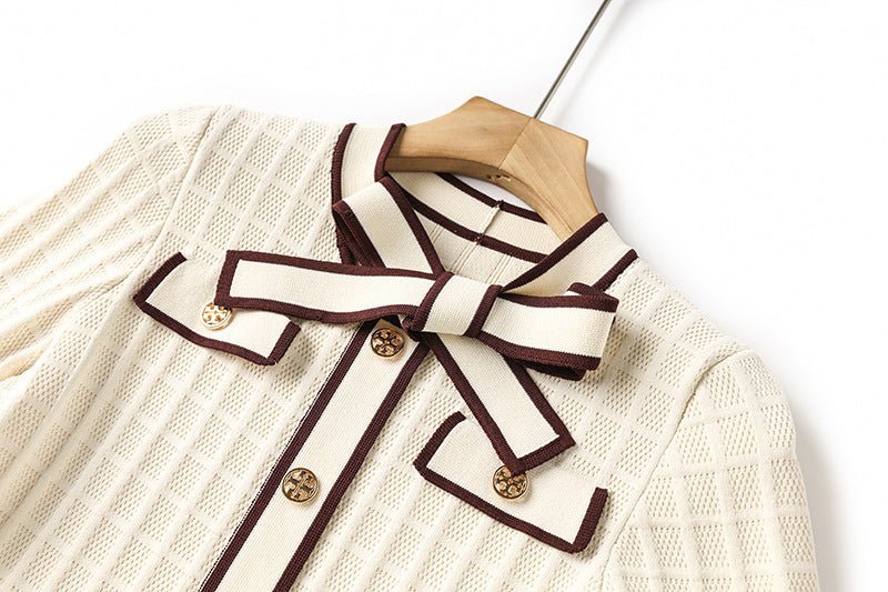 Maia Dress - Tailored Bodice - Flared a - Line Skirt - Elegant Knit Texture - Cinched Waist - Bow - Tie Detail