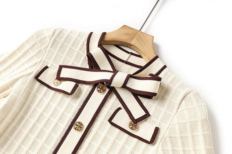 Maia Dress - Tailored Bodice - Flared a - Line Skirt - Elegant Knit Texture - Cinched Waist - Bow - Tie Detail