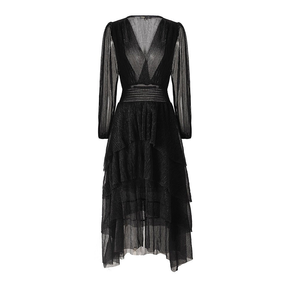 Maia Maxi Dress - Layered Design - Pleated V - neckline - Fitted Bodice - Flared Skirt - Sheer Details