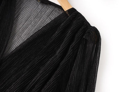 Maia Maxi Dress - Layered Design - Pleated V - neckline - Fitted Bodice - Flared Skirt - Sheer Details