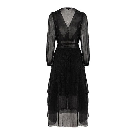 Maia Maxi Dress - Layered Design - Pleated V - neckline - Fitted Bodice - Flared Skirt - Sheer Details