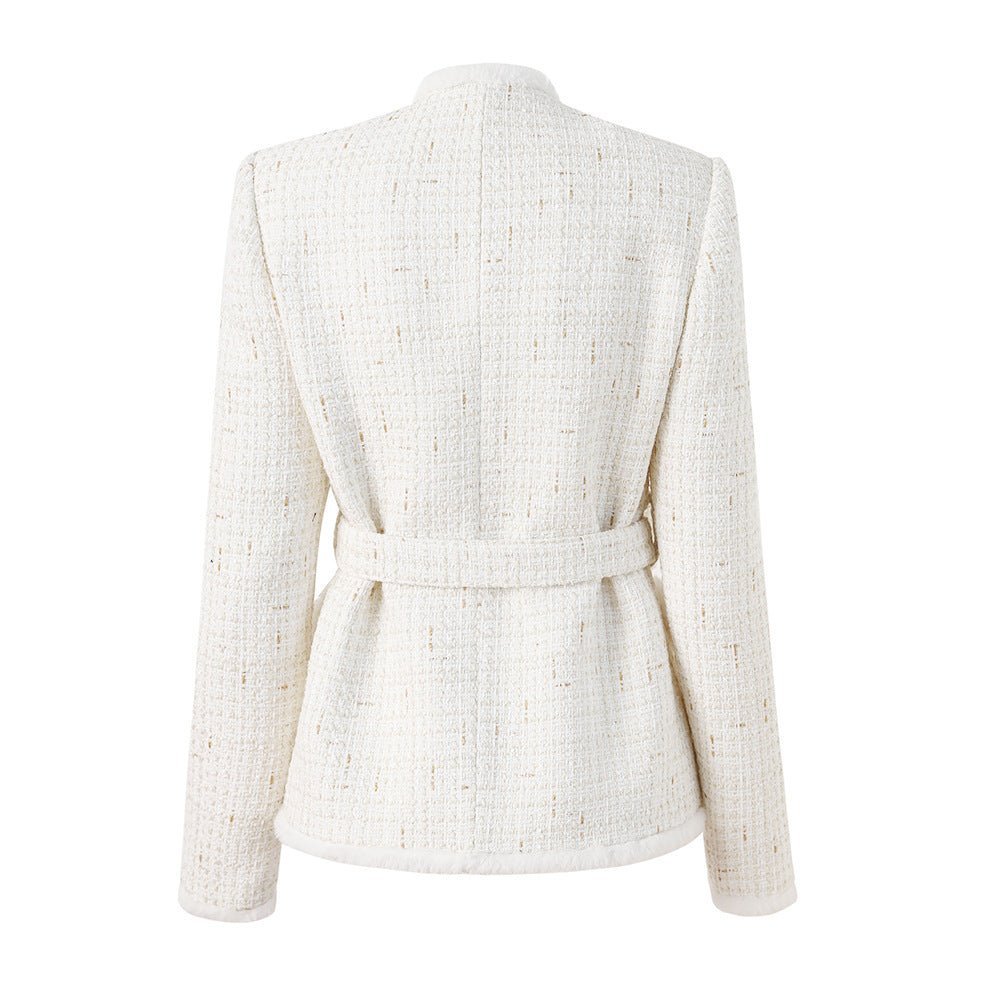 Maia Tailored Tweed Jacket – Fur Trim – Rhinestone Belt – Gold - Tone Button Details