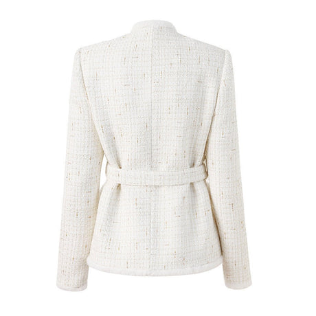 Maia Tailored Tweed Jacket – Fur Trim – Rhinestone Belt – Gold - Tone Button Details