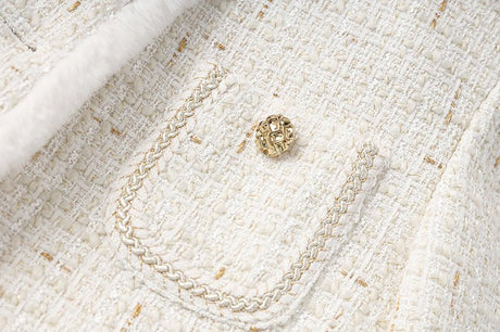 Maia Tailored Tweed Jacket – Fur Trim – Rhinestone Belt – Gold - Tone Button Details