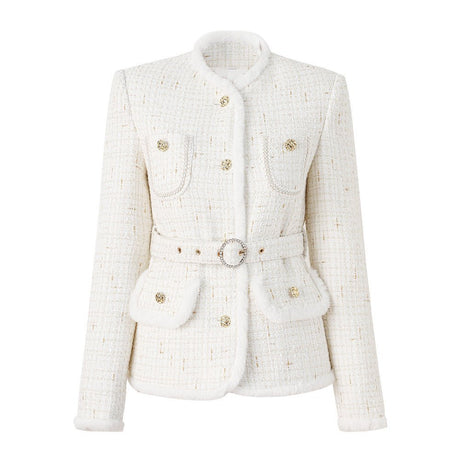 Maia Tailored Tweed Jacket – Fur Trim – Rhinestone Belt – Gold - Tone Button Details