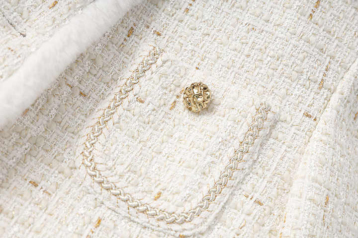 Maia Tailored Tweed Jacket – Fur Trim – Rhinestone Belt – Gold - Tone Button Details