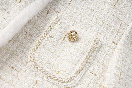 Maia Tailored Tweed Jacket – Fur Trim – Rhinestone Belt – Gold - Tone Button Details