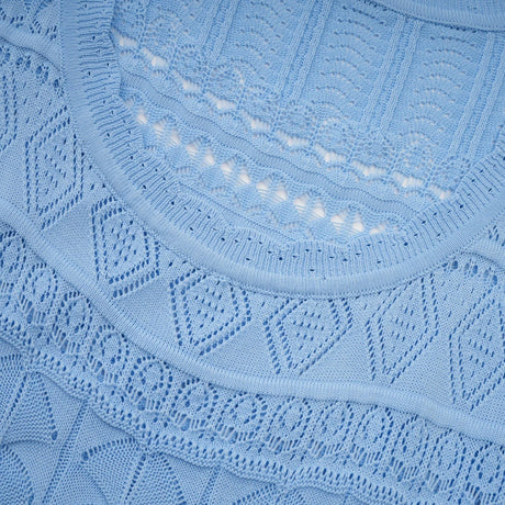 Mailys blue midi dress with crochet knit design and ruffled trim details