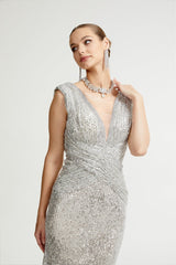 Maisie Maxi Dress in Radiant Silver with Sequin Embellishments & Cinched Waist