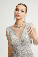 Maisie Maxi Dress in Radiant Silver with Sequin Embellishments & Cinched Waist