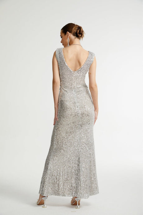 Maisie Maxi Dress in Radiant Silver with Sequin Embellishments & Cinched Waist