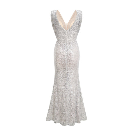 Maisie Maxi Dress in Radiant Silver with Sequin Embellishments & Cinched Waist
