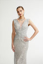 Maisie Maxi Dress in Radiant Silver with Sequin Embellishments & Cinched Waist