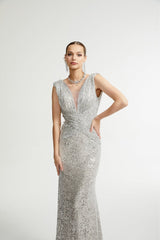 Maisie Maxi Dress in Radiant Silver with Sequin Embellishments & Cinched Waist