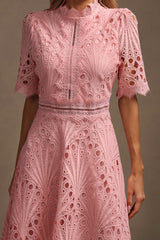 Maisie Pink Lace Midi Dress with Hollow Out Accents