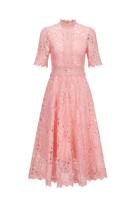 Maisie Pink Lace Midi Dress with Swing Silhouette and Hollow Out Accents