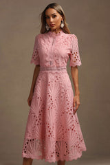 Maisie Pink Lace Swing Dress with High Neckline and Hollow Out Accents
