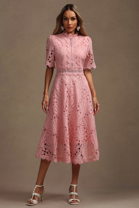 Maisie Pink Lace Swing Midi Dress with High Neck and Hollow Out Accents