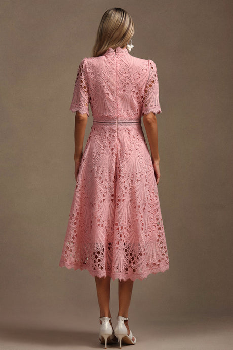 Maisie Pink Lace Swing Midi Dress with High Neckline and Hollow Out Accents