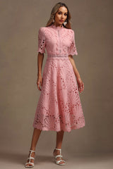 Maisie Pink Lace Swing Midi Dress with High Neckline and Hollow Out Accents