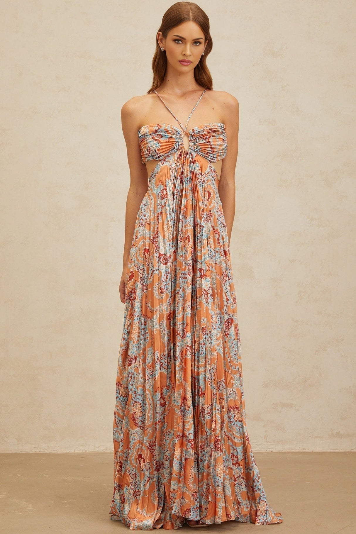 Makayla Maxi Dress - Floral Print - Cross - Back - Cut - Out - Pleated
