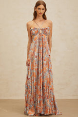 Makayla Maxi Dress - Floral Print - Cross - Back - Cut - Out - Pleated