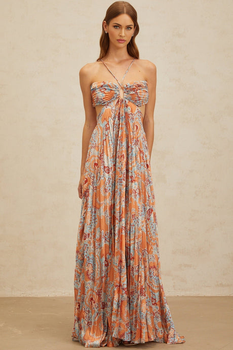 Makayla Maxi Dress - Floral Print - Cross - Back - Cut - Out - Pleated