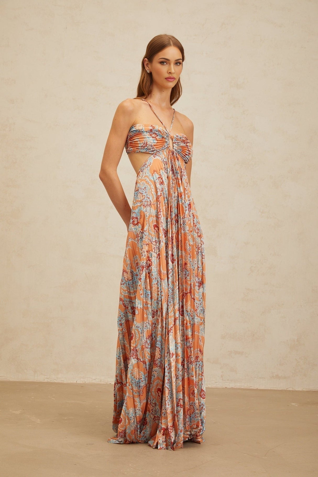 Makayla Maxi Dress - Floral Print - Cross - Back - Cut - Out - Pleated