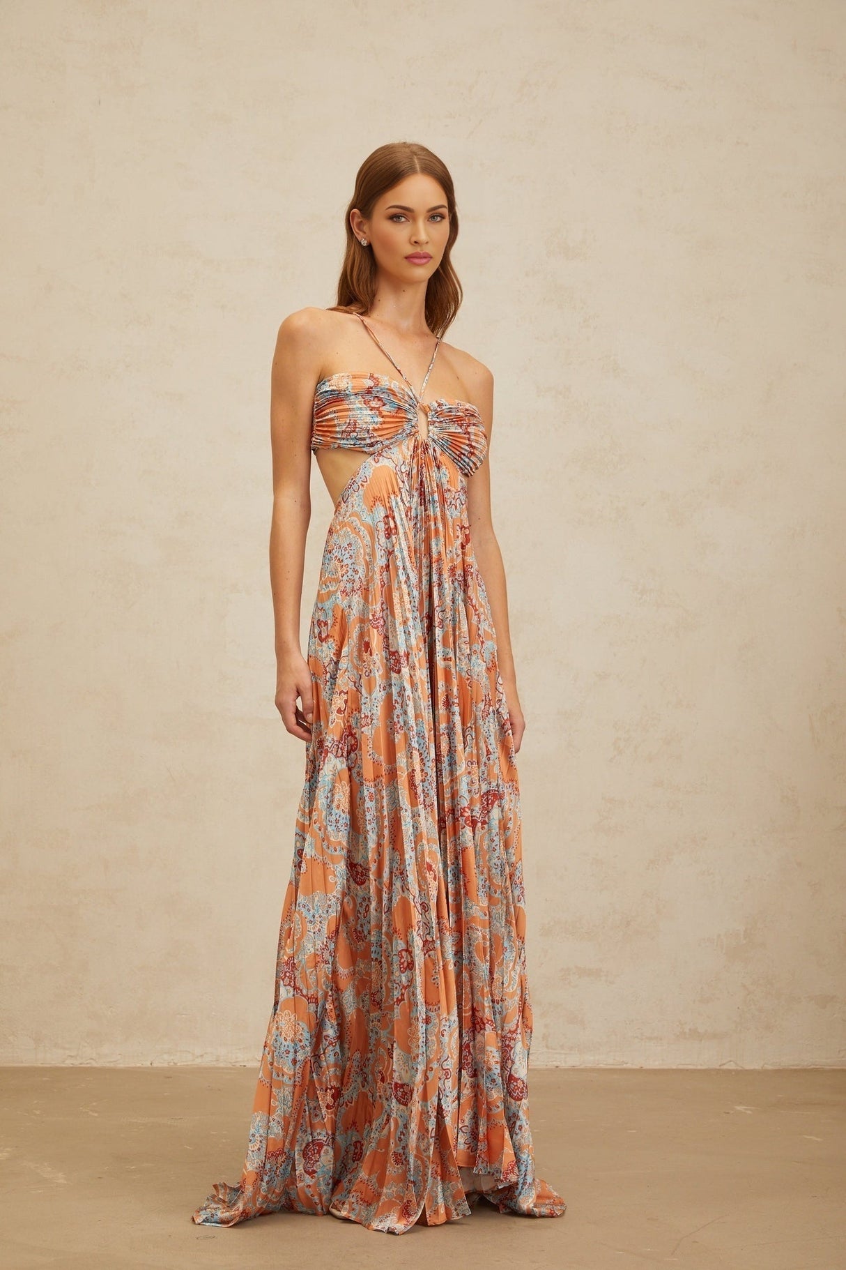 Makayla Maxi Dress - Floral Print - Cross - Back - Cut - Out - Pleated