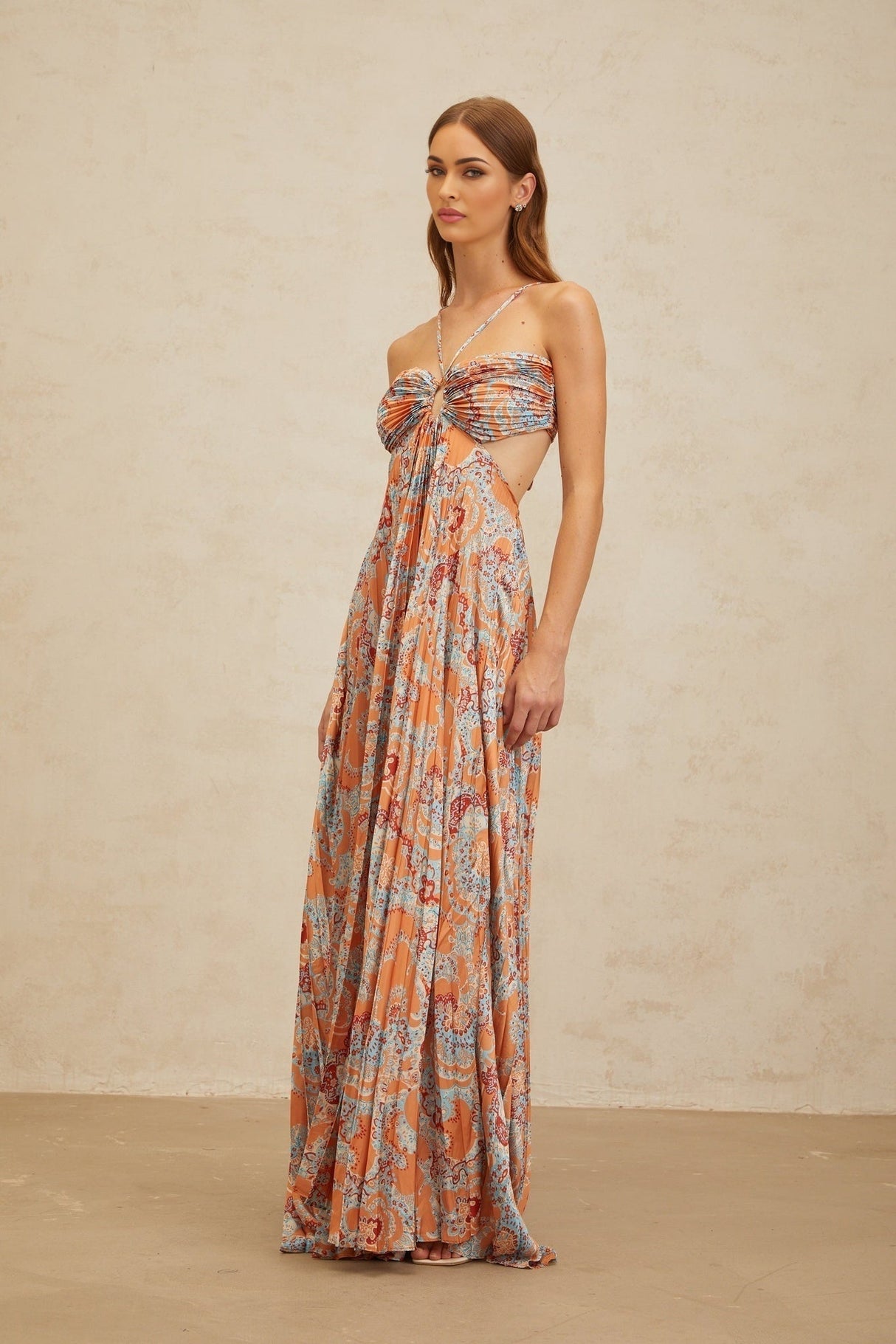 Makayla Maxi Dress - Floral Print - Cross - Back - Cut - Out - Pleated