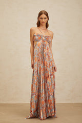Makayla Maxi Dress - Floral Print - Cross - Back - Cut - Out - Pleated
